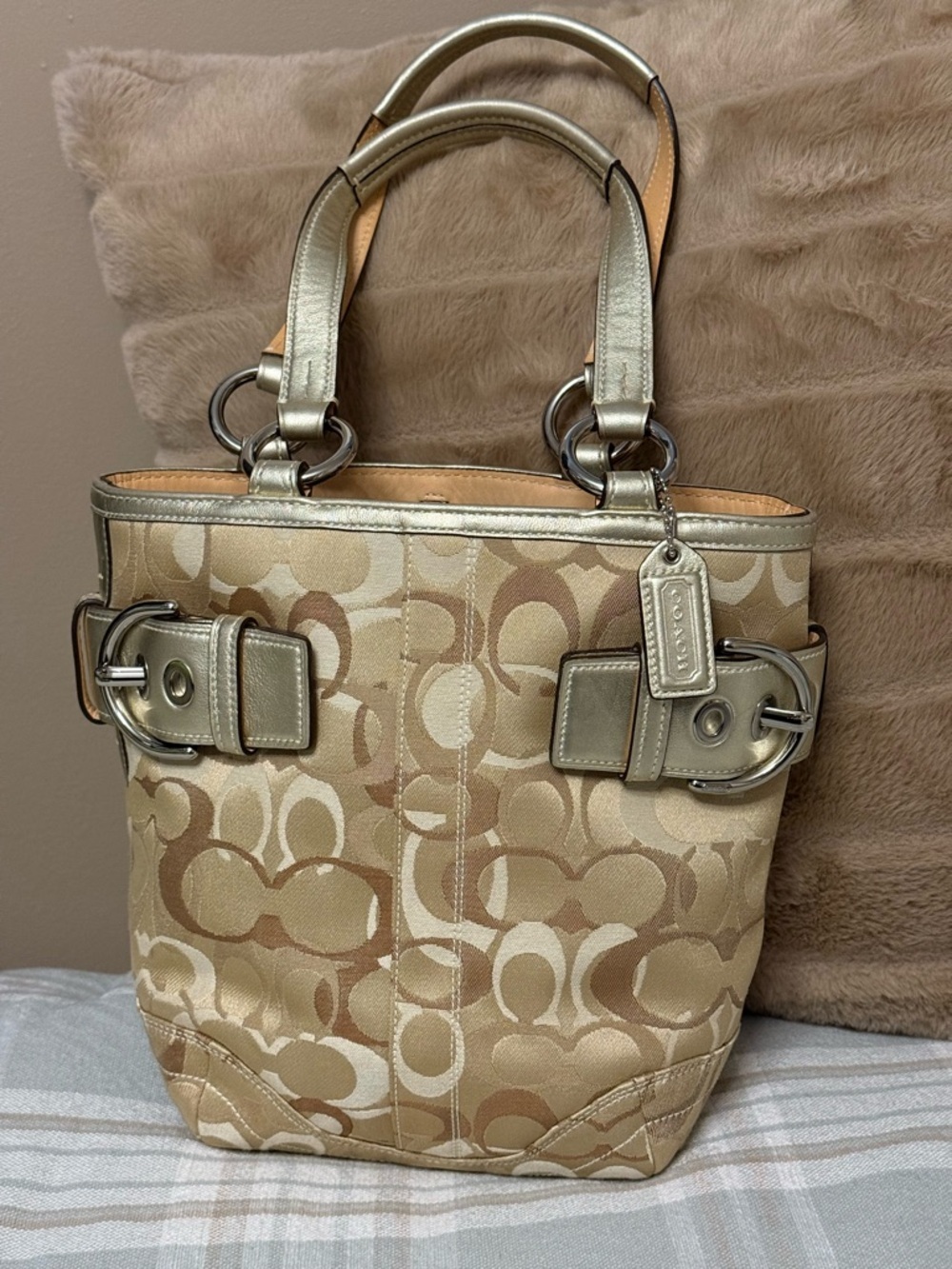 Coach Vintage Y2K Signature Small Optic Buckle Tote - Gold Metallic Trim 2005